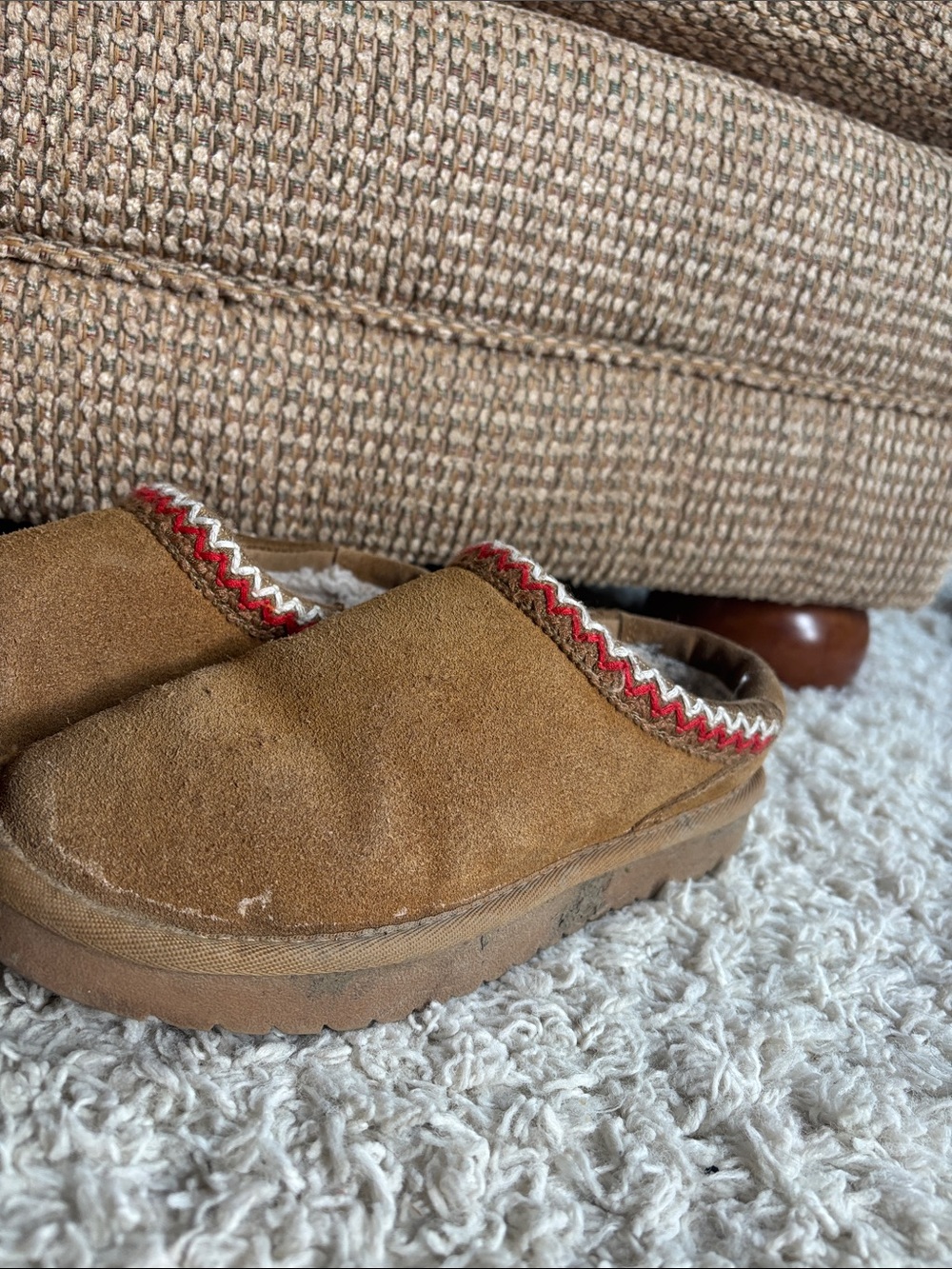 Women’s Tan Suede Moccasin Clog with Red Trim